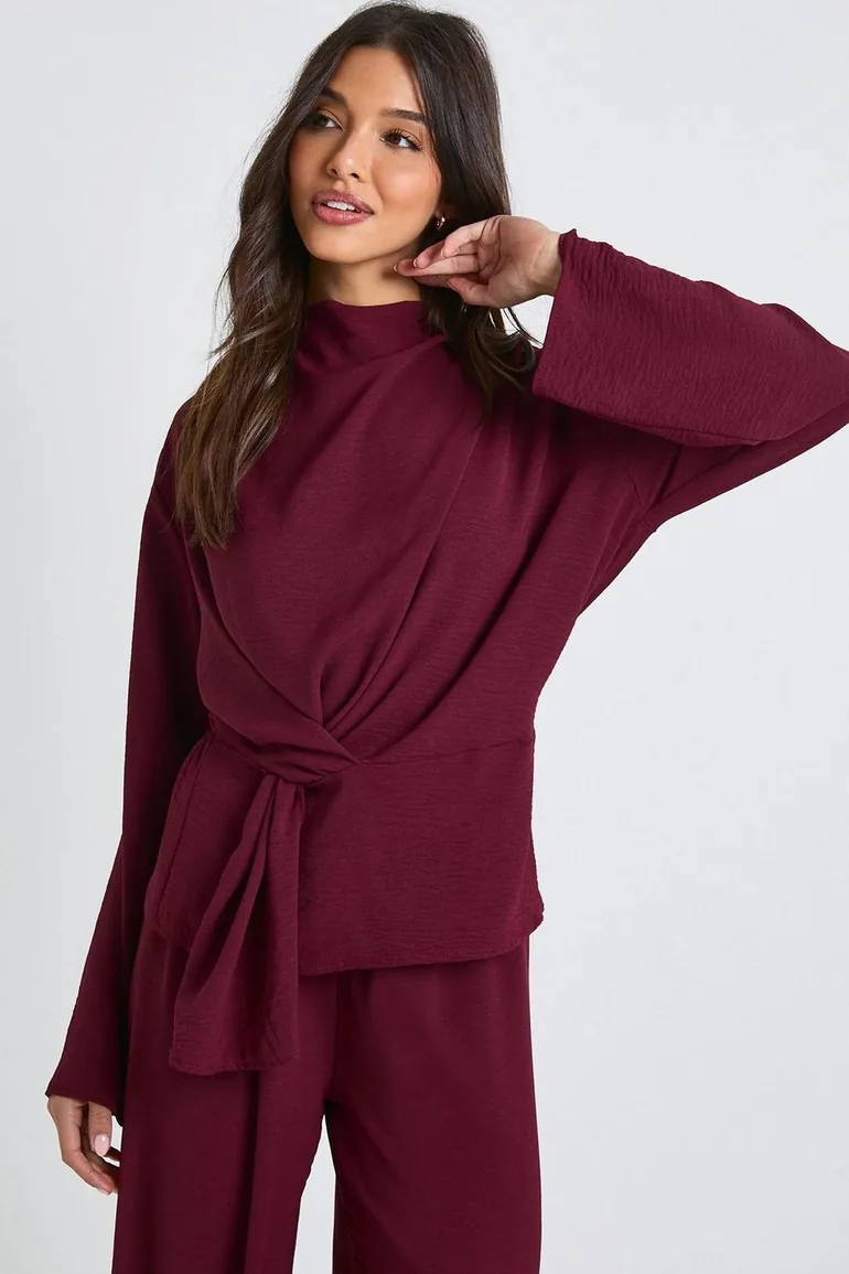 Woven Drape Long Sleeve Blouse & Trouser Co-Ord - burgundy - 3