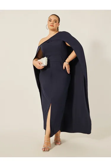 Plain Cape Sleeve Front Slit Maxi Dress