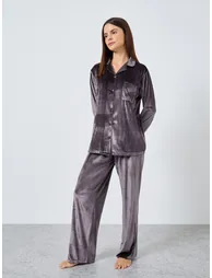 Velvet Button Placket Shirt and Pyjama Set
