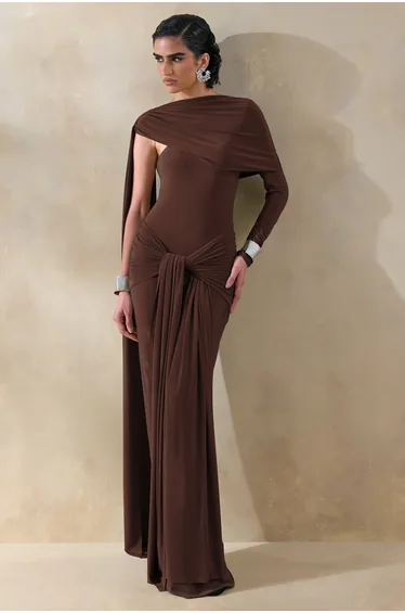 Trisara | Brown Asymmetric-Neck Maxi Dress With Gathered-Detailing And Sash