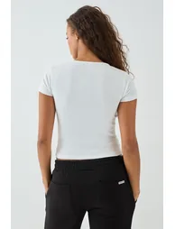 DSGN Studio Square Script Embroidered Rib Fitted Button Through Top - white - 1