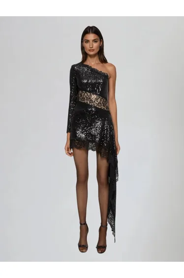 Ekmanix One Shoulder Lace Sequin Mini Dress