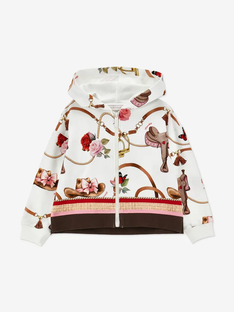 Monnalisa Girls Floral Equestrian Zip Up Top in Ivory - 1