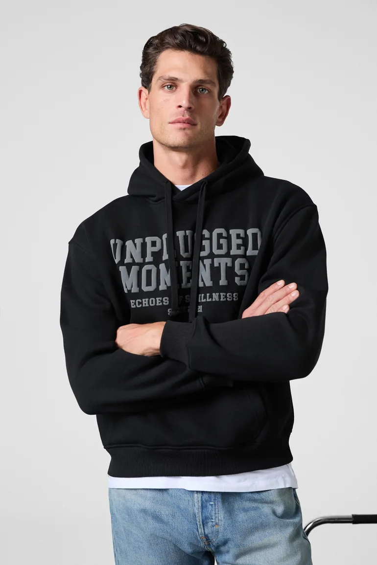 GRIMELANGE CASSIAN Men's Front Puff Print Hooded Drawstring Kangaroo Pocket Black Sweatshirt - 3