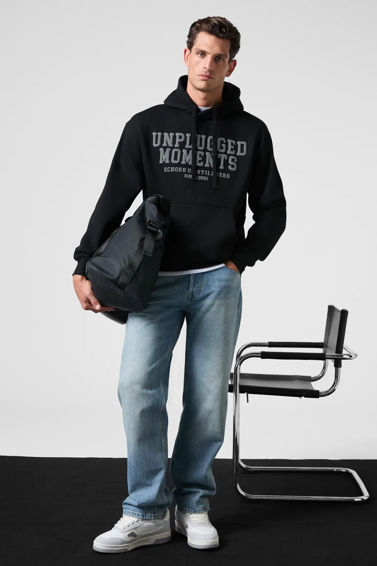 GRIMELANGE CASSIAN Men's Front Puff Print Hooded Drawstring Kangaroo Pocket Black Sweatshirt