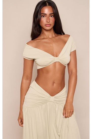 Petite Sage Gathered Detail Bardot Top Co-ord