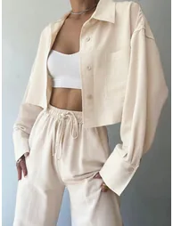 Beige Linen Shirt and Drawstring Straight Leg Pants Co-Ords - 2