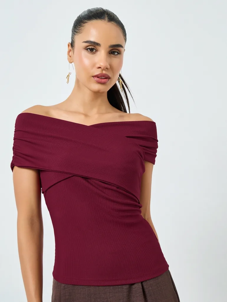 Burgundy Off-Shoulder Knit Top - 3