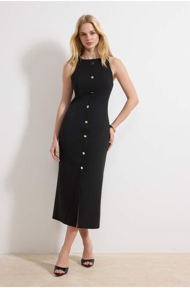 Black Straight Midi Woven Dress
