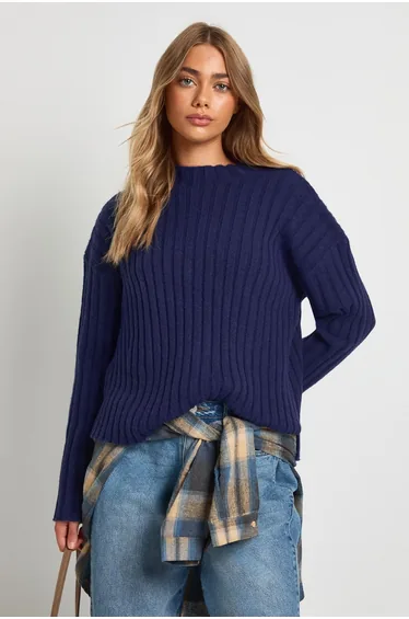 Rib Knit High Neck Longline Jumper - navy