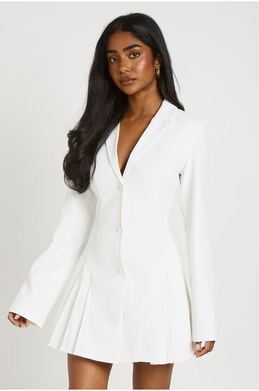Tailored Structured Cinched Waist Pleated Blazer Dress - ivory