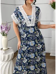 Ladies' lace patchwork printed dress - 4