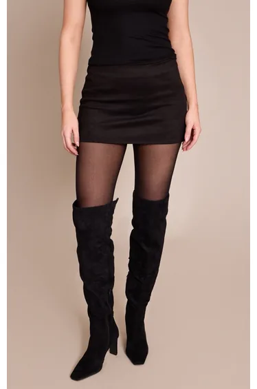 Black Suede Point Toe Block Heeled Over The Knee High Boot