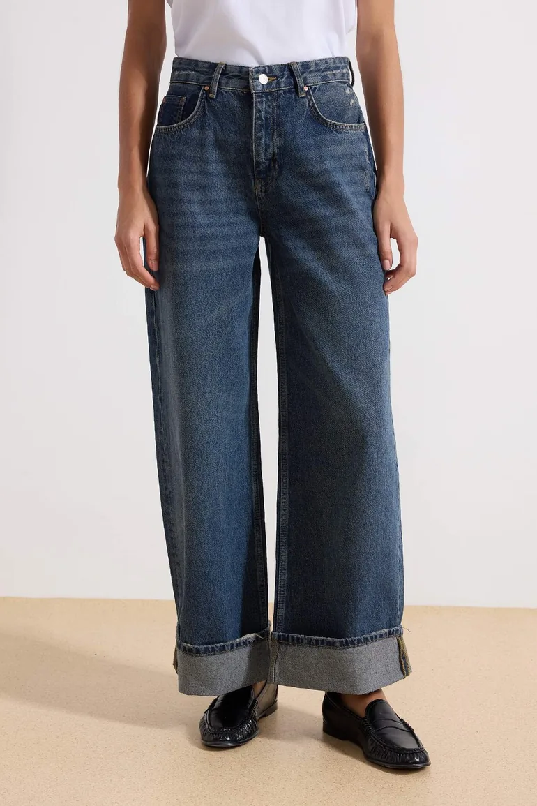 Dark Blue High Waist Folded Wide Leg Jeans - 2
