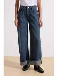 Dark Blue High Waist Folded Wide Leg Jeans - 2