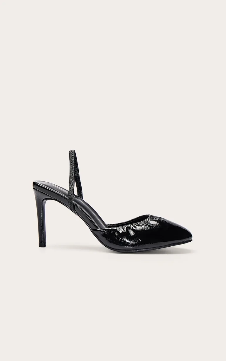 Black Crinkle PU Round Toe Sling Back - 1