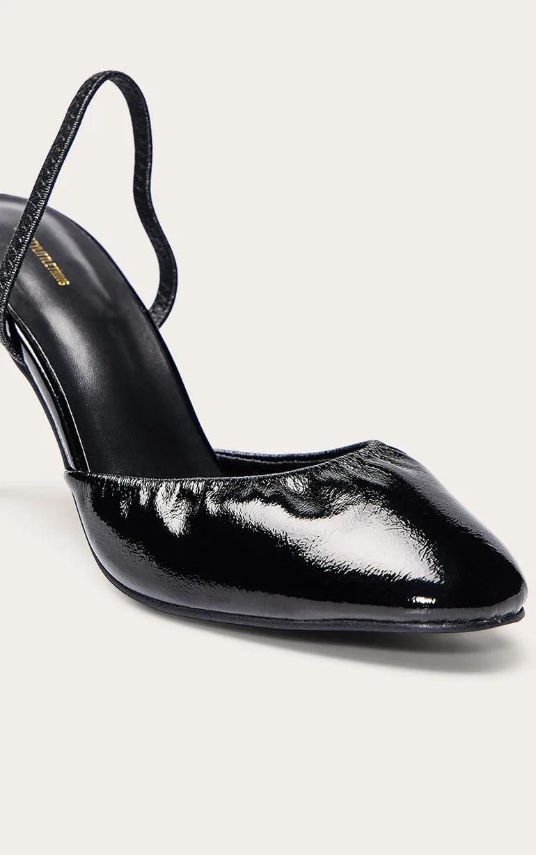 Black Crinkle PU Round Toe Sling Back - 4