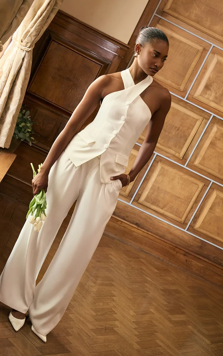 Premium White Tailored Pleated Lined Wide Leg Trousers