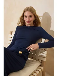 Navy Blue Metal Accessory Detailed Sandy Fabric Knitted Dress - 1