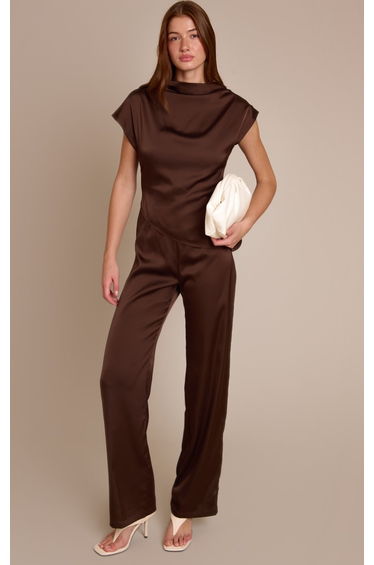 Chocolate Satin Cap Sleeve Straight Leg Jumpsuit product thumbnail 3