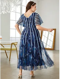 Leely Plus Women's Elegant V Neck Flounce Sleeve Party Dresses - 1