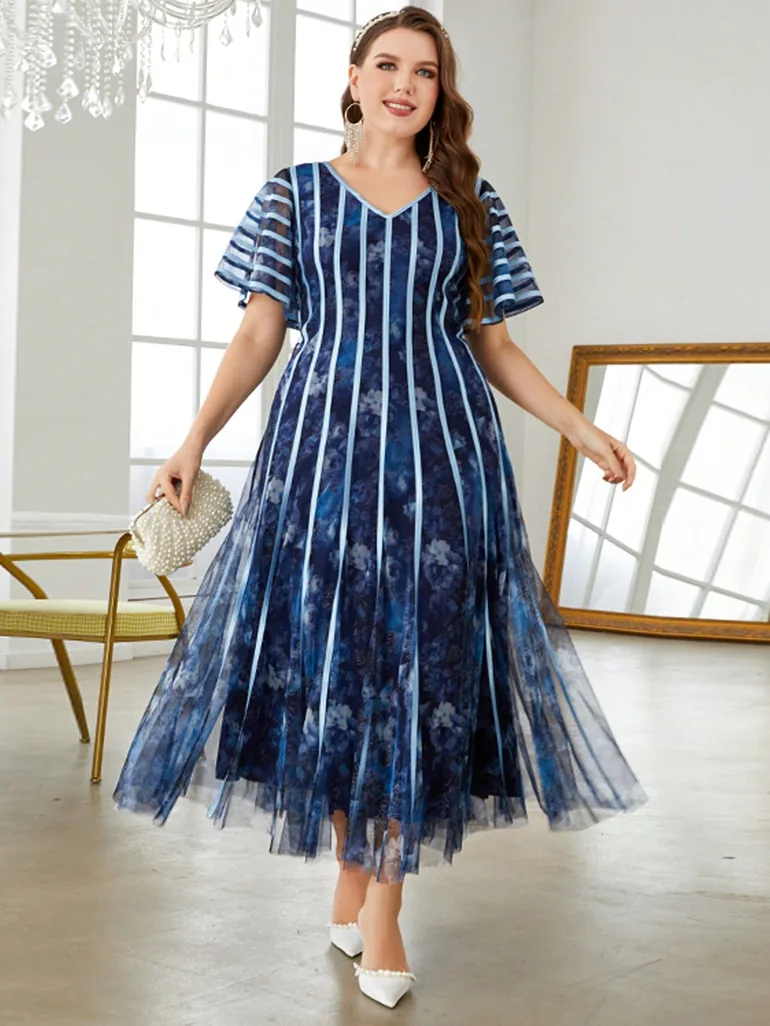 Leely Plus Women's Elegant V Neck Flounce Sleeve Party Dresses - 3