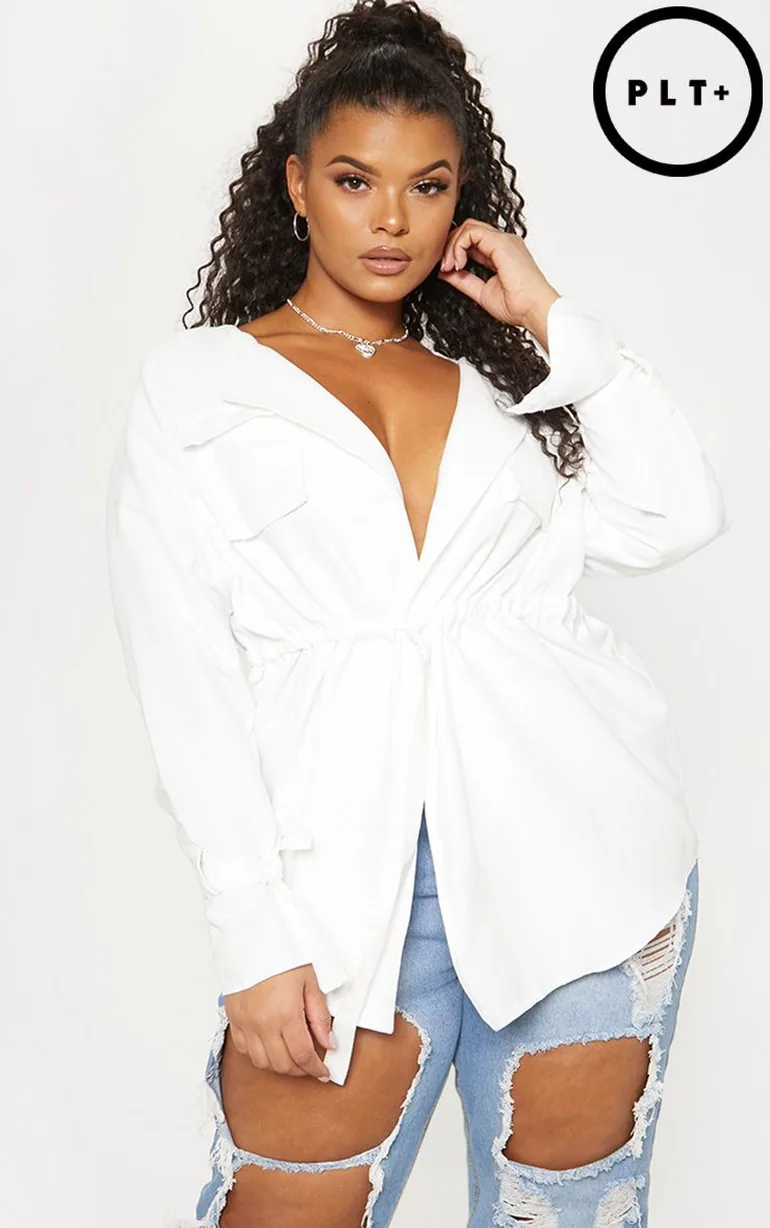 Plus White Faux Suede Cargo Ruched Waist Shirt