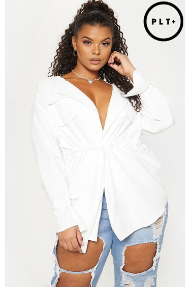 Plus White Faux Suede Cargo Ruched Waist Shirt