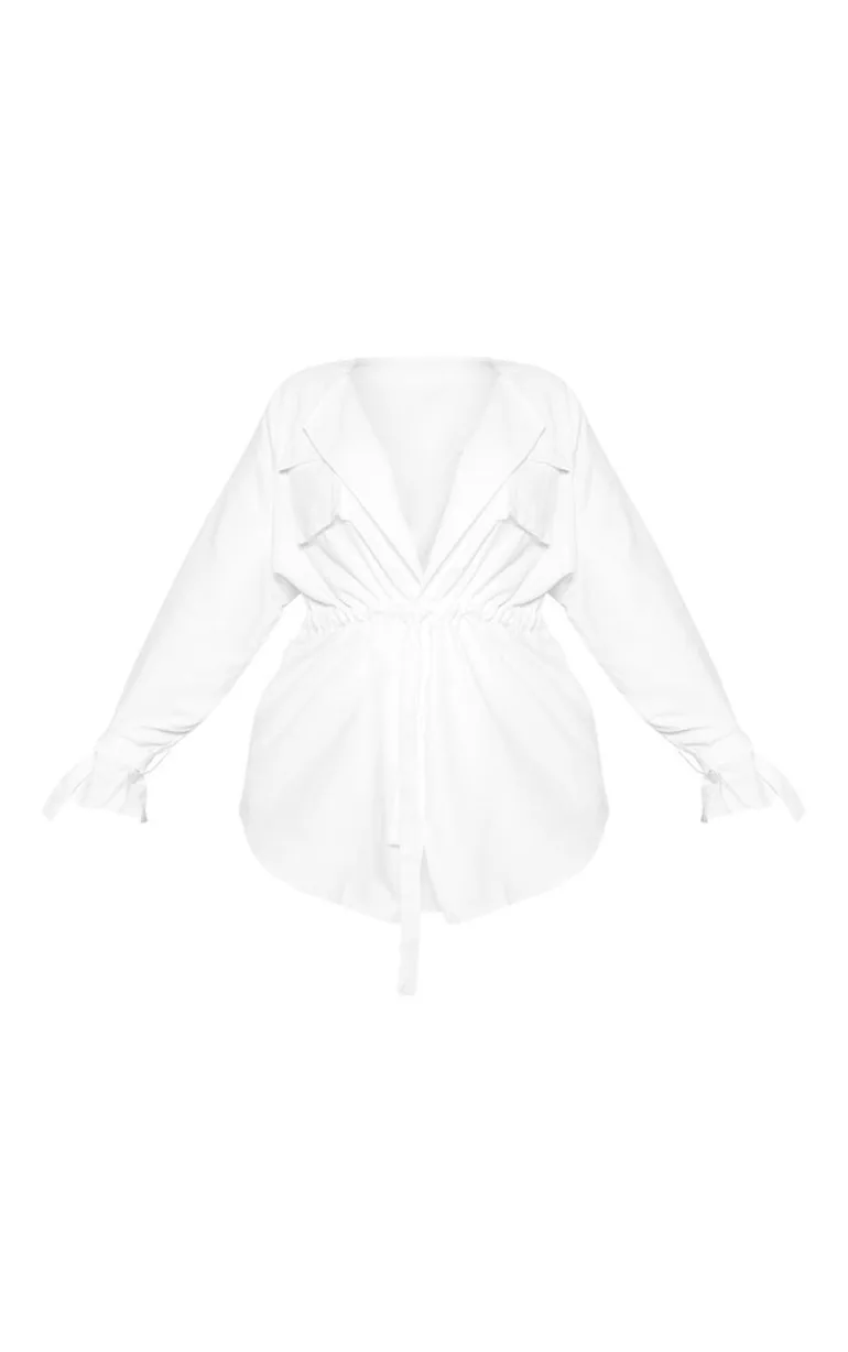 Plus White Faux Suede Cargo Ruched Waist Shirt - 3