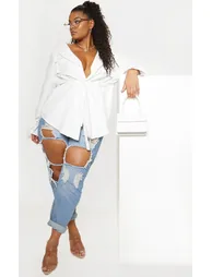 Plus White Faux Suede Cargo Ruched Waist Shirt - 4