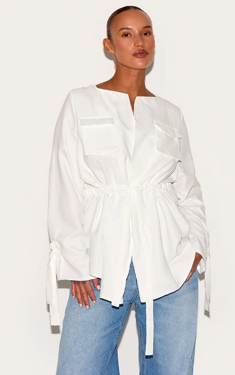 Plus White Faux Suede Cargo Ruched Waist Shirt - 5