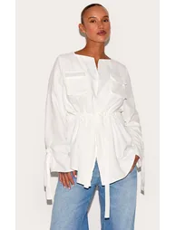 Plus White Faux Suede Cargo Ruched Waist Shirt - 5