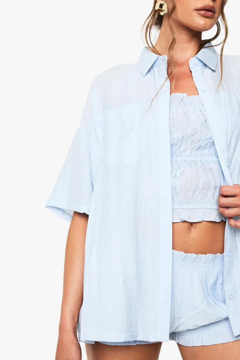 Textured Stripe Short Sleeve Shirt - baby blue - 3