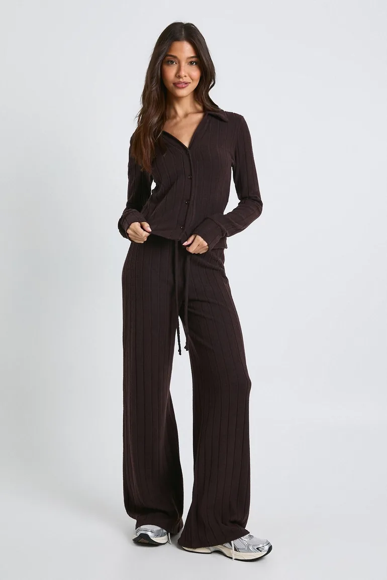 Brushed Rib Wide Leg Trouser - chocolate - 2