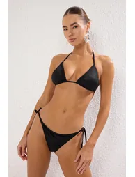 Black Glittery Triangle Tied Textured Brazilian Bikini Set - 1