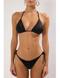 Black Glittery Triangle Tied Textured Brazilian Bikini Set - 2