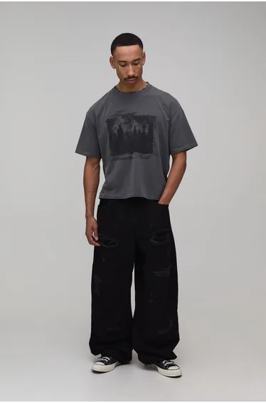 Ripped Carpenter Panel Baggy Fit Jeans - true black