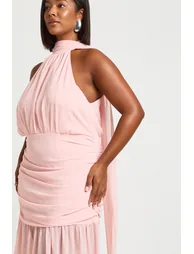 Plus Halter Neck Scarf Detail Flared Skirt Maxi Dress - baby pink - 3