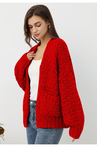 Chunky Hand Knit Patch Pocket Open Front Cardigan in Red product thumbnail 2