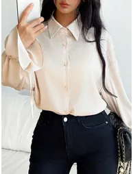 Beige Solid Buttoned Long Sleeve Shirt - 4