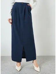 Navy Blue A-Line Maxi Skirt with Slit - 1