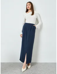 Navy Blue A-Line Maxi Skirt with Slit