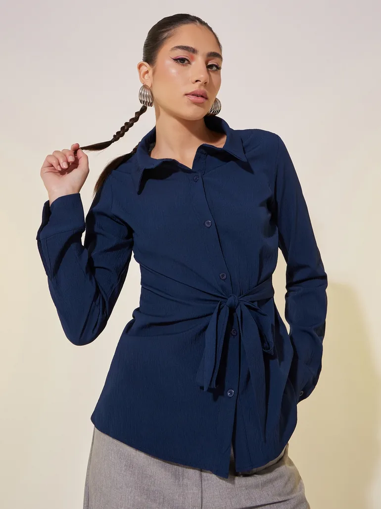 Solid Long Sleeve Collared Wrap Top - 1