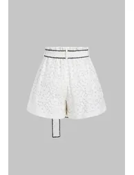 Contrast Whipstitching Lace Tie-Up Wide Leg Shorts - 2