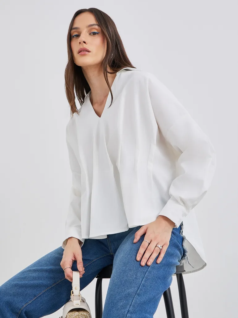 Women White Front Box Pleat Drop Hem Shirt - 1