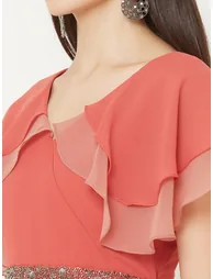 Solid Georgette A-Line Maxi Dress with Cape Sleeve - 6