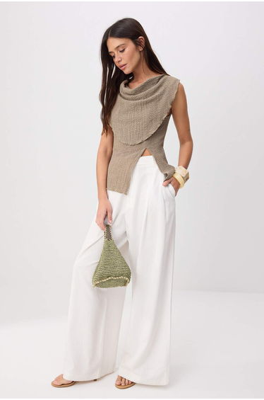 Stone Fitted/Body-Fitting Notched Collar Sleeveless Textured Knitted Blouse