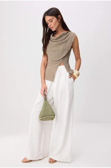 Stone Fitted/Body-Fitting Notched Collar Sleeveless Textured Knitted Blouse