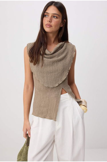 Stone Fitted/Body-Fitting Notched Collar Sleeveless Textured Knitted Blouse product thumbnail 2
