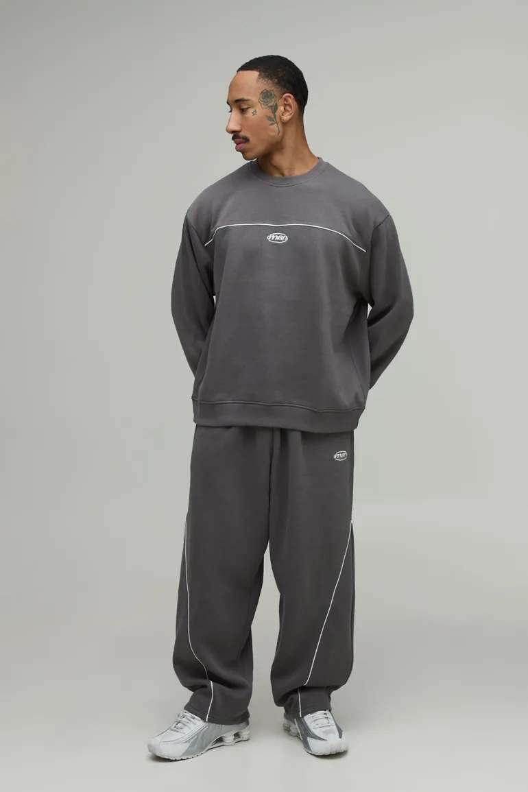 Oversized Embroidered Man Sport Piping Sweatshirt & Baggy Jogger Tracksuit - charcoal